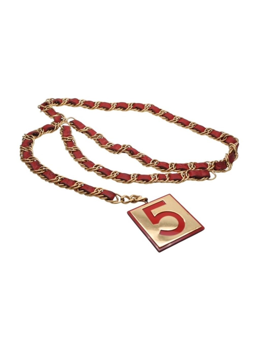 Chanel Vintage Chain Belt CC Logo No 5 Leather Metal Gold Plated